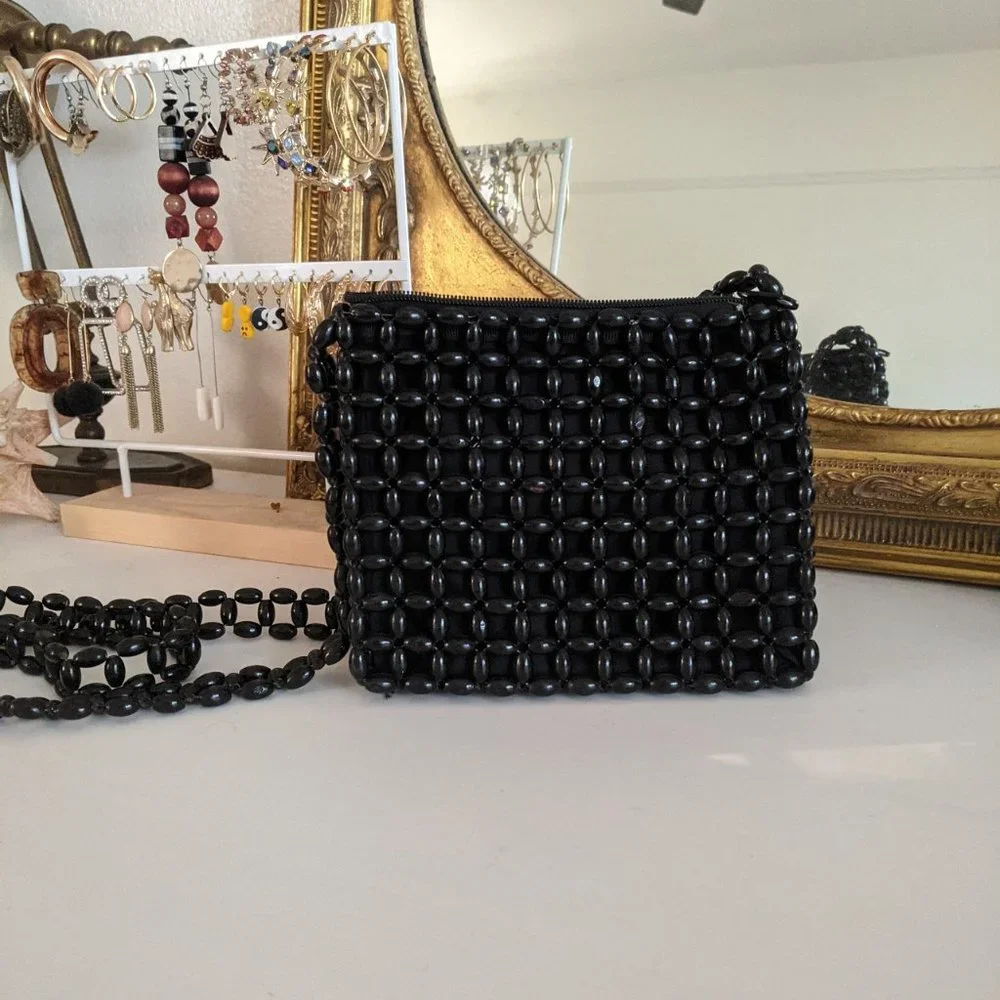 Vintage Black Beaded Crossbody Bag - Picture 2 of 3
